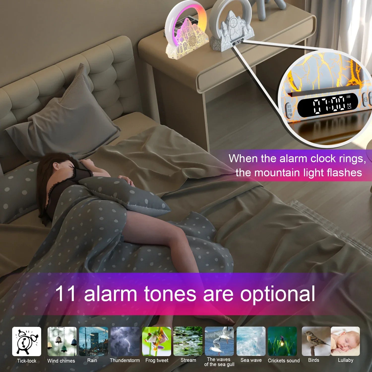 A sleek and modern wireless charging alarm clock with a captivating LED flame effect, designed to create a calming ambiance in your bedroom.