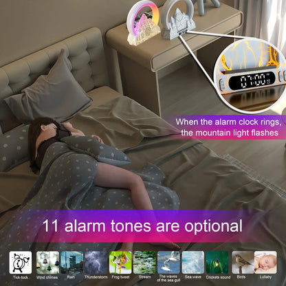 A sleek and modern wireless charging alarm clock with a captivating LED flame effect, designed to create a calming ambiance in your bedroom.