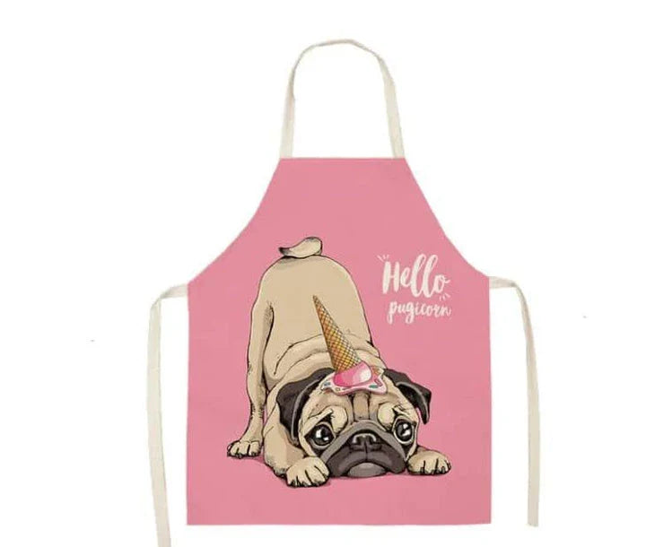 Charming pug-themed apron with a vibrant print, made of durable cotton and linen materials for practical kitchen use.