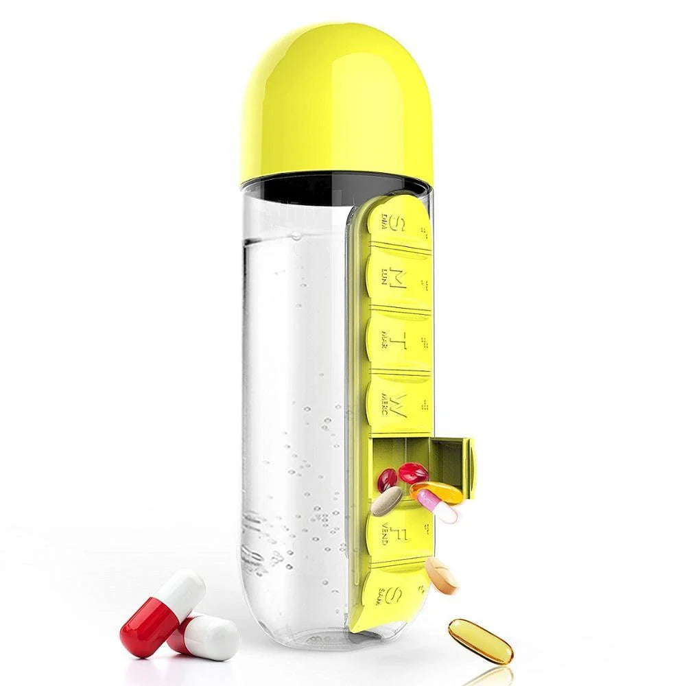Premium 20 oz plastic water bottle in blue color with a built-in daily pill organizer compartment
