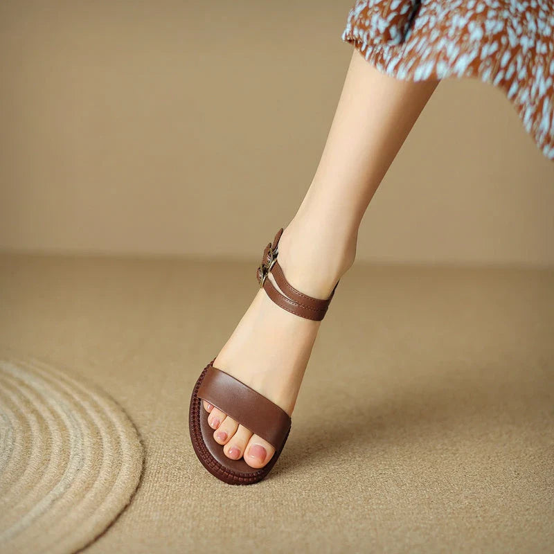 Elegant retro high heel leather sandals in khaki color with a sleek magic strap closure for a customized fit