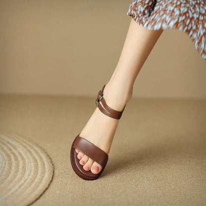 Elegant retro high heel leather sandals in khaki color with a sleek magic strap closure for a customized fit