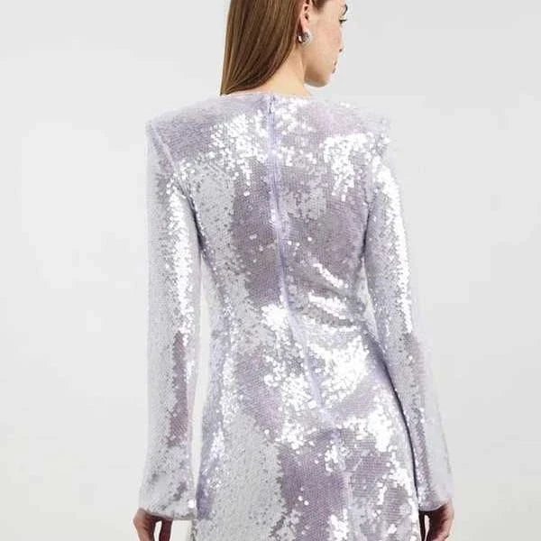 Glamorous purple sequin mini dress with O-neck neckline and long sleeves for a stylish and comfortable cocktail party look