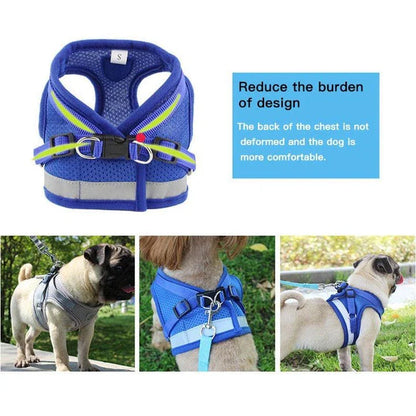 Adjustable reflective dog harness made of durable polyester material with reflective strips for enhanced visibility and safety during outdoor activities.