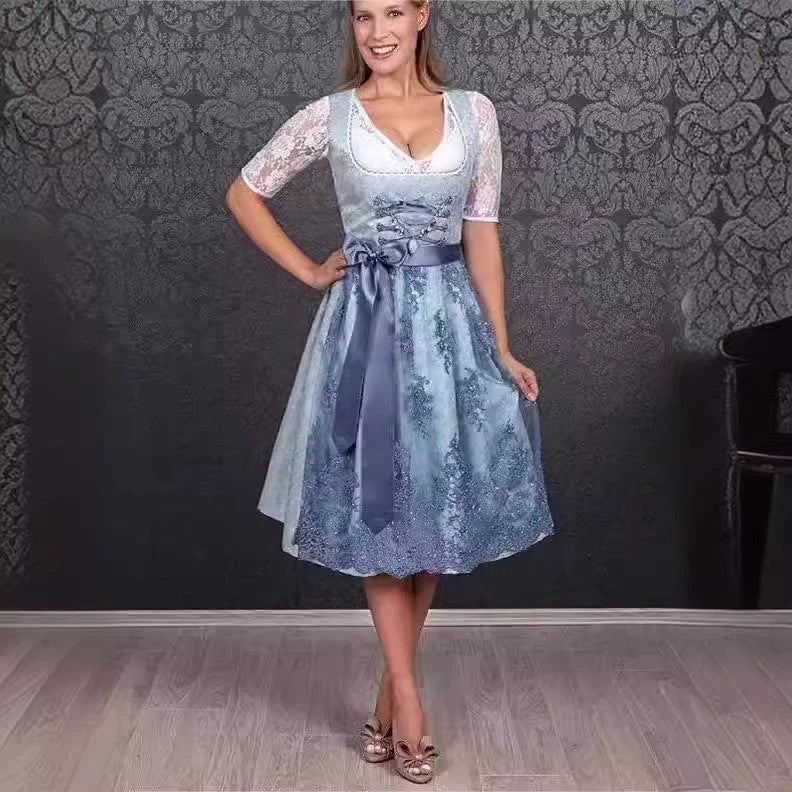 Bavarian-inspired 3-piece women's outfit with A-line skirt, pullover top, and jacquard pattern in sapphire blue color