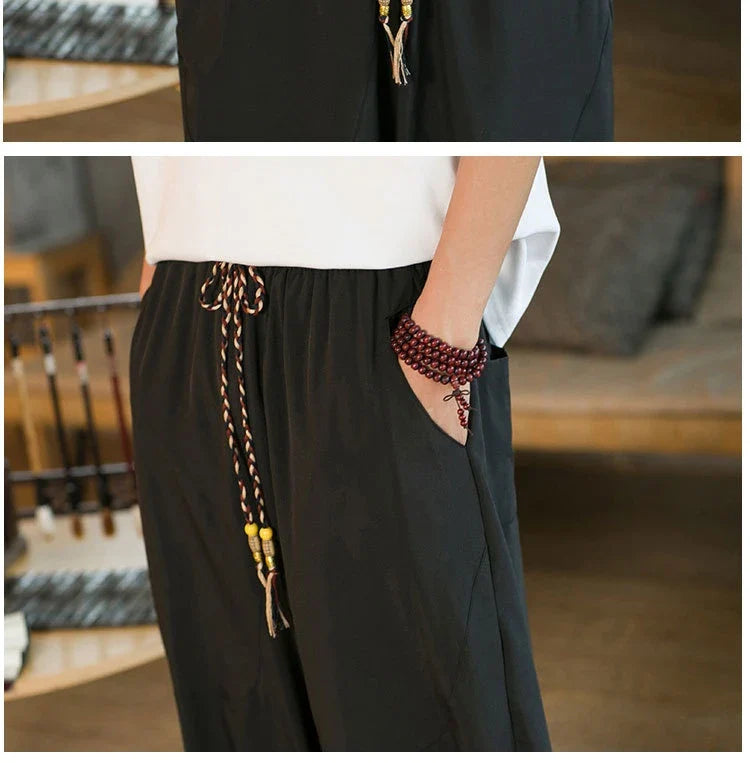 Men's Chinese-inspired harem pants made of luxurious ice silk fabric with a relaxed, draped silhouette