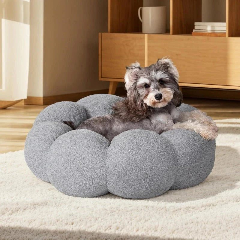 A cozy, flower-shaped dog bed made of soft, plush teddy sherpa fabric with raised edges for head and neck support, providing a calming and comfortable resting spot for medium-sized dogs.