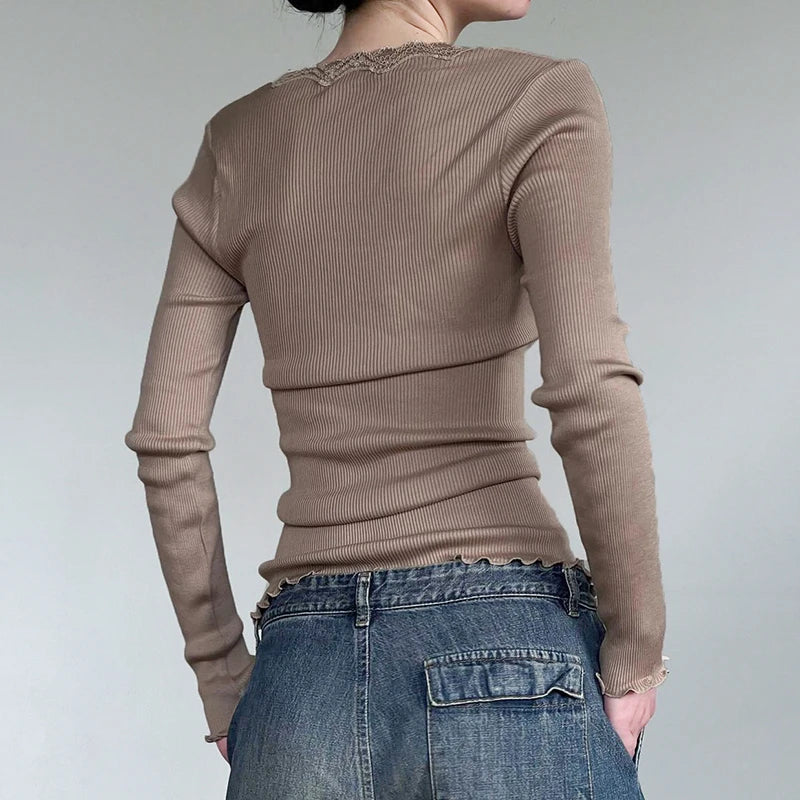 Stylish slim fit long sleeve v-neck t-shirt in khaki color, made with premium cotton-blend fabric