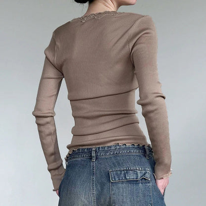 Stylish slim fit long sleeve v-neck t-shirt in khaki color, made with premium cotton-blend fabric