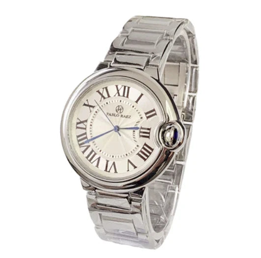 Stainless steel men's watch with large dial, calendar function, and adjustable band