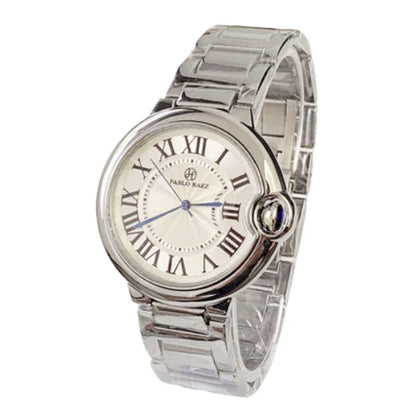 Stainless steel men's watch with large dial, calendar function, and adjustable band