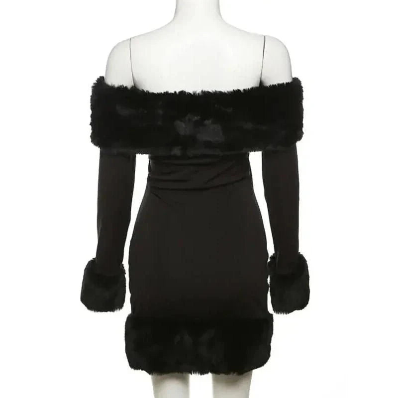 Elegant off-shoulder bodycon mini dress with fur trim for stylish autumn and winter occasions