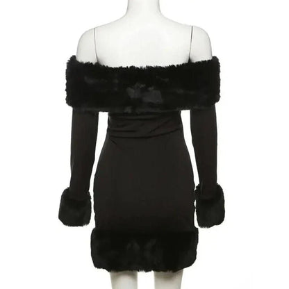 Elegant off-shoulder bodycon mini dress with fur trim for stylish autumn and winter occasions