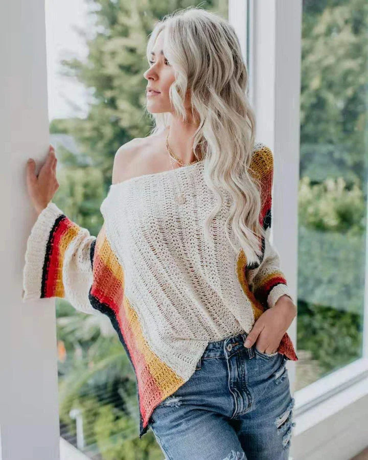 Premium Hollow Out Beach Shirt with Vibrant Knitted Rainbow - Comfortable, Stylish Beachwear for Warm Weather Outings