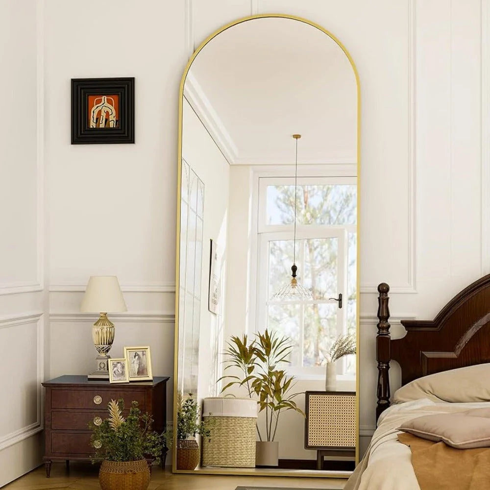Elegant arched full-length gold mirror with high-definition aluminum frame for a comprehensive, clear reflection
