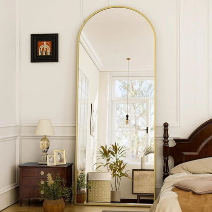 Elegant arched full-length gold mirror with high-definition aluminum frame for a comprehensive, clear reflection