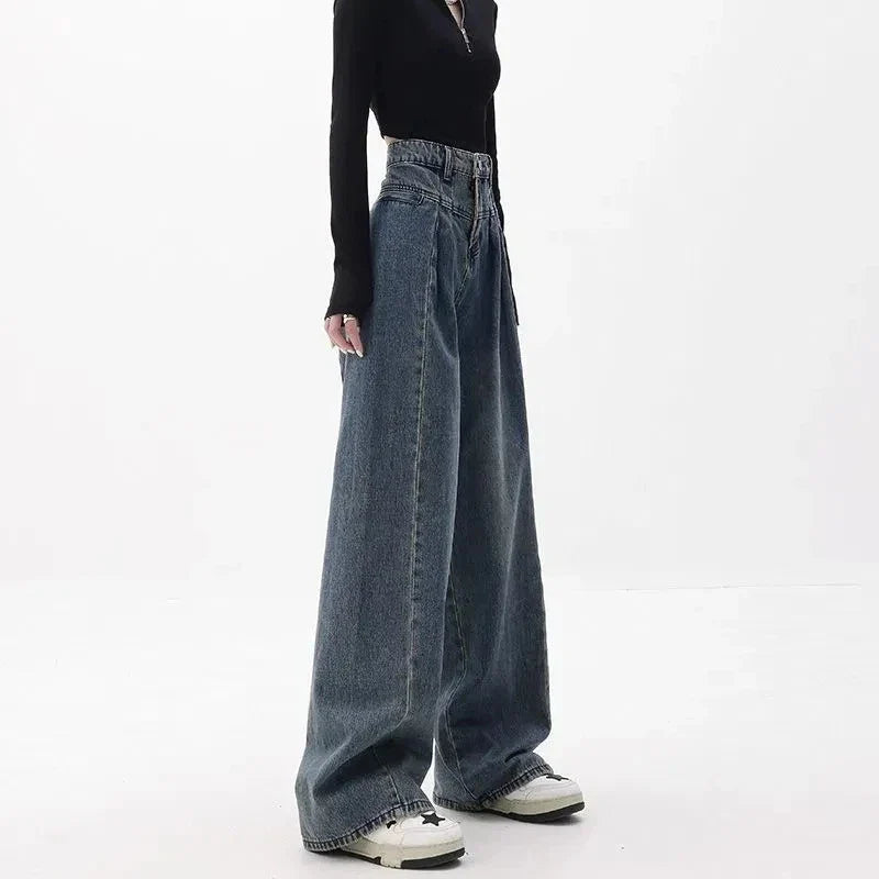 Fashionable wide-leg blue denim jeans with a relaxed, comfortable fit and high-waisted design