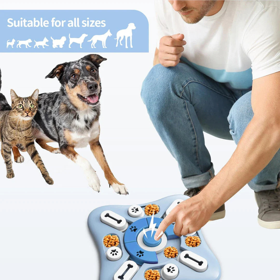 Interactive slow feeder dog toy with sounding device, durable non-toxic materials, and non-slip base for mental stimulation and healthy eating