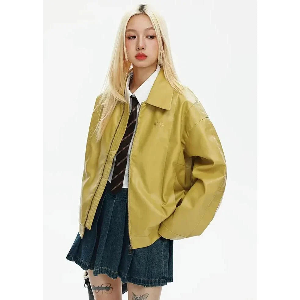 Edgy women's bomber jacket with zippered closure and turn-down collar, perfect for autumn and winter streetwear style