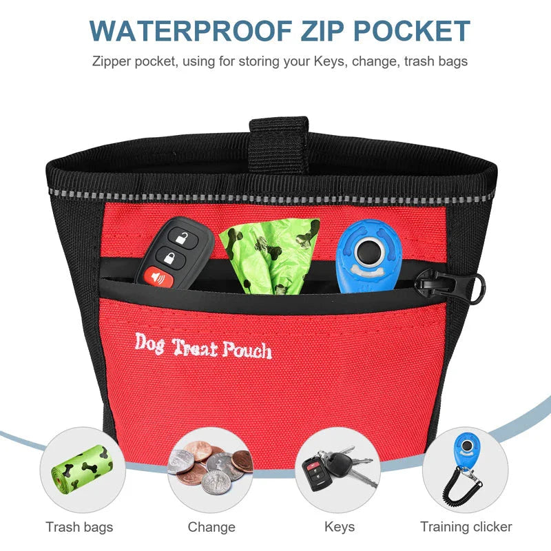 A durable and waterproof dog treat pouch with a magnetic closure, large capacity, and versatile wearing options for hands-free training sessions.