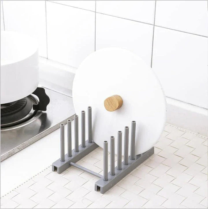 Versatile kitchen plate and lid organizer rack made of durable plastic with adjustable dividers for customizable storage