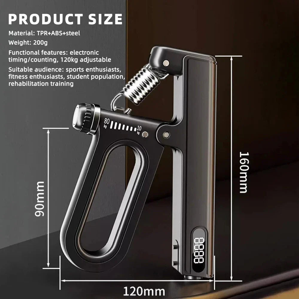 Adjustable electronic hand grip strengthener with digital counter, designed for fitness arm, wrist, and finger training