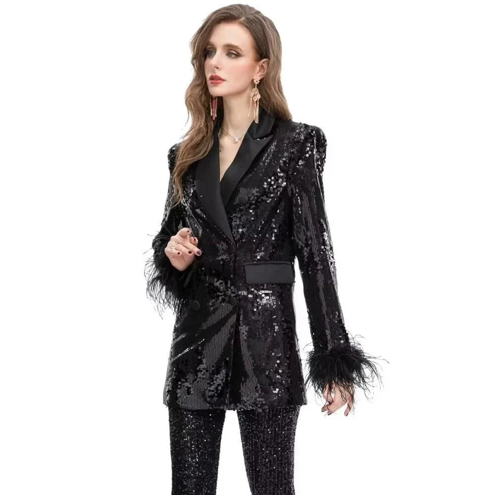 Elegant double-breasted blazer with feather and sequin details, offering timeless style and versatility for any occasion.