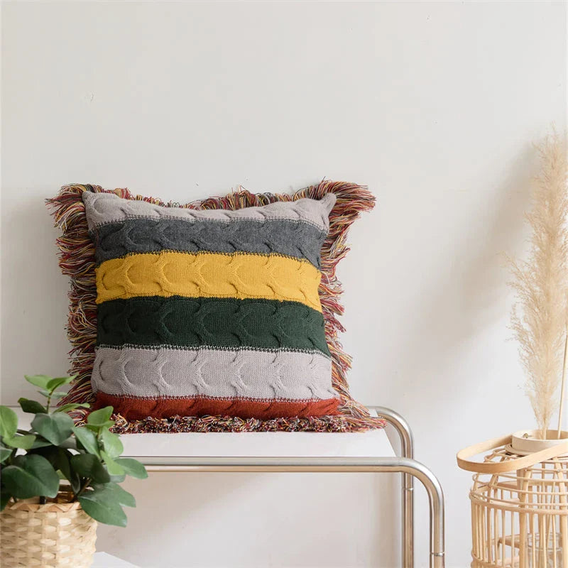 Boho Decorative Wool Knitted Fringed Pillow in Multicolor, Plush Cushion for Sofa and Bed Decor