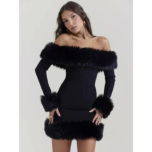 Elegant off-shoulder bodycon mini dress with fur trim for stylish autumn and winter occasions