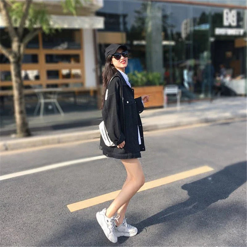 Stylish mid-length denim jacket for women with lotus leaf collar and loose, oversized fit