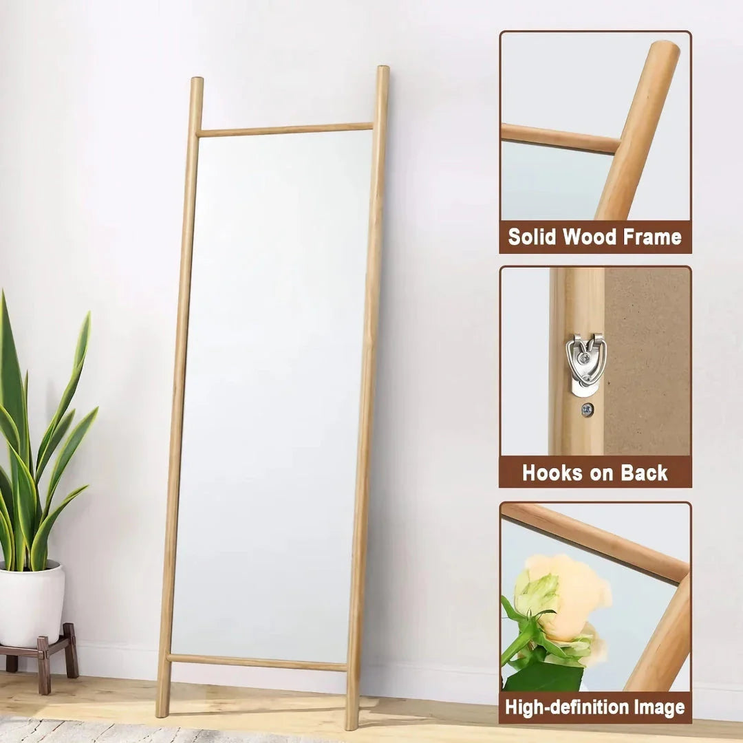 Elegant full-length mirror with solid wood frame and shatterproof glass, suitable for wall-mounting or leaning against a surface