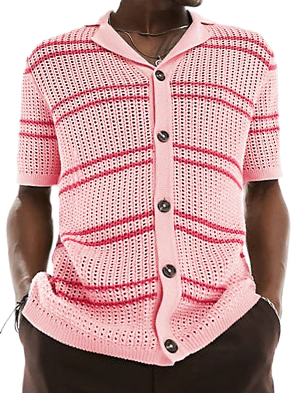 A classic men's knit cardigan with a stylish short-sleeve design, perfect for casual summer wear