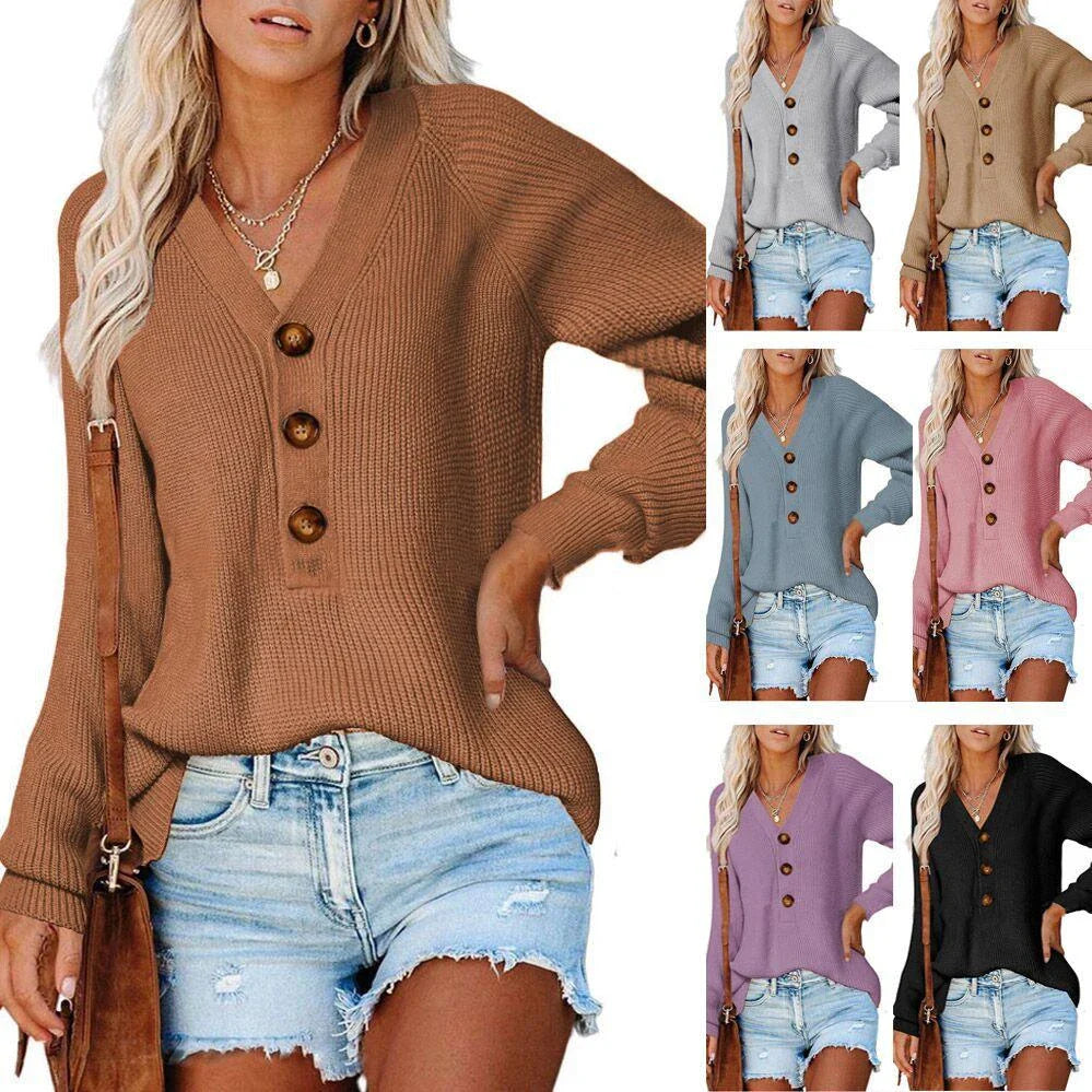 Premium V-Neck Knit Sweater for Women in a variety of colors including white, khaki, pink, red, purple, gray, black, light brown, orange, blue, and light blue