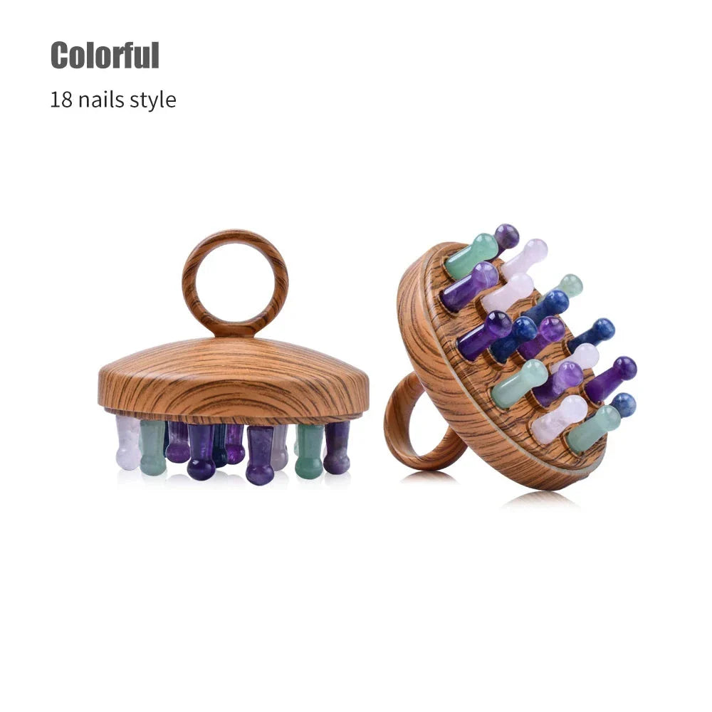 New Scalp Massage Comb with Pink Quartz, Green Aventurine, and Wood Grain Design