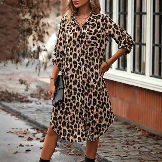 Leopard print beach coverup dress with V-neck, A-line skirt, and loose waistline