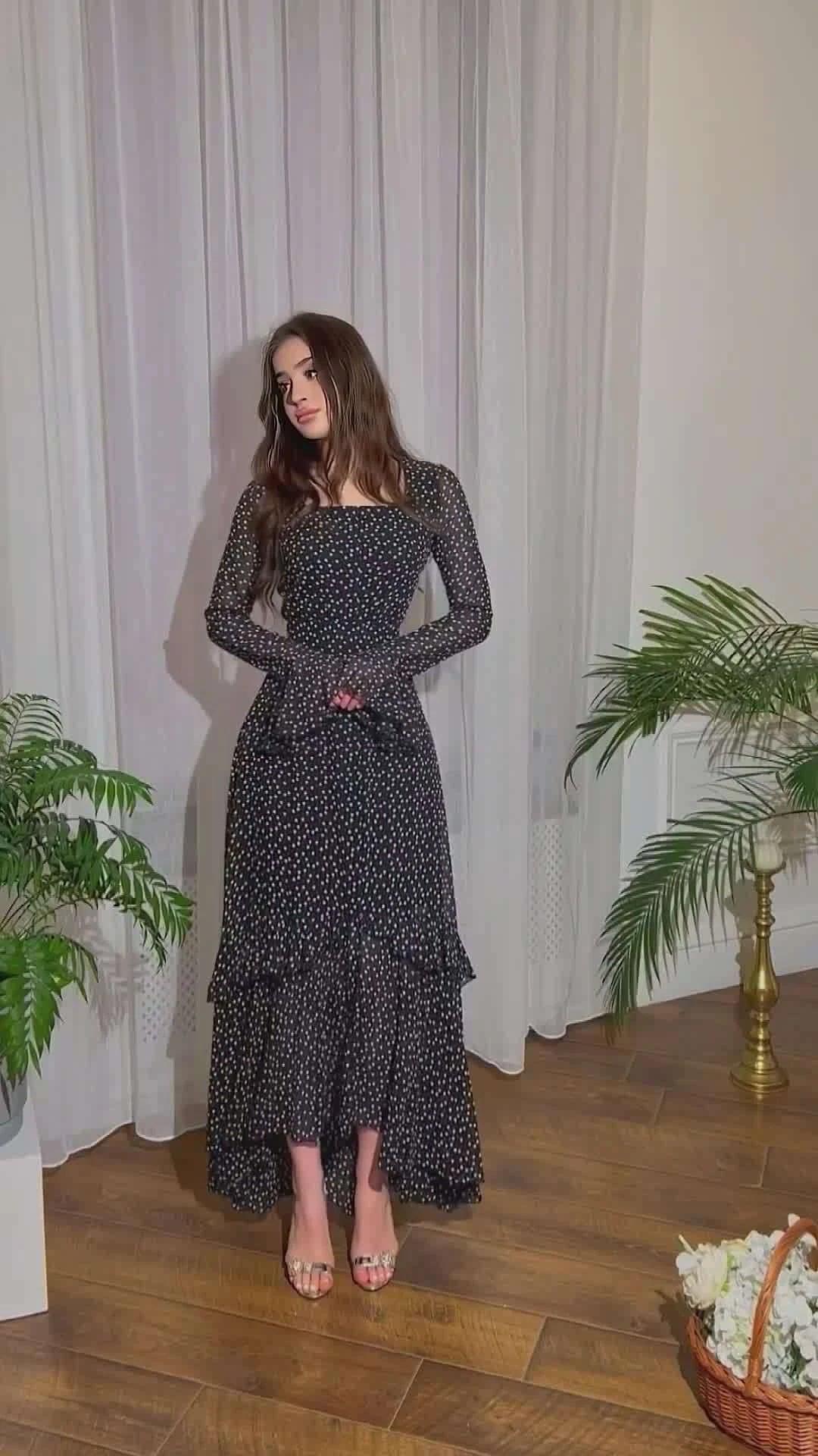 Elegant chiffon polka dot dress with flattering lotus leaf sleeves