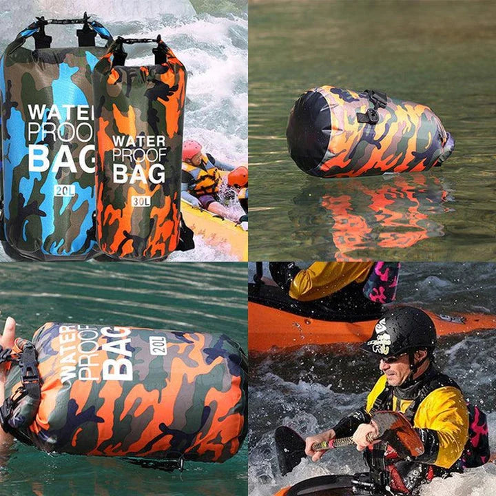 Rugged waterproof backpack made of durable ripstop polyester, perfect for outdoor adventures like hiking, camping, and beach trips.