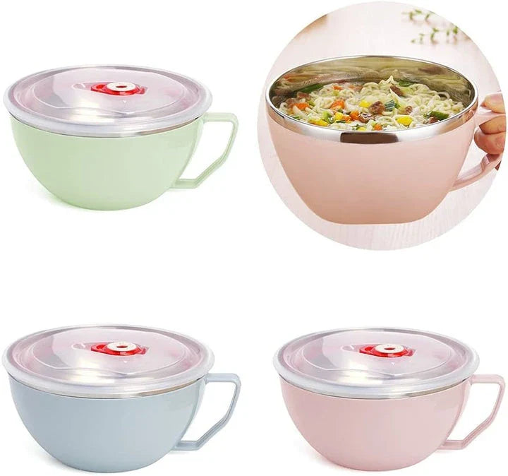 Colorful stainless steel mixing bowl with ergonomic handle, available in pink, green, and blue colors