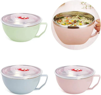Colorful stainless steel mixing bowl with ergonomic handle, available in pink, green, and blue colors