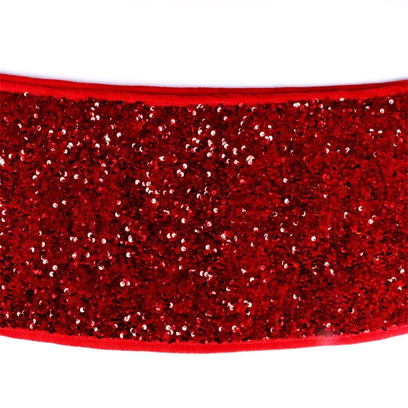 Premium red sequin Christmas tree skirt with vibrant color and shimmering design, perfect for festive holiday decor