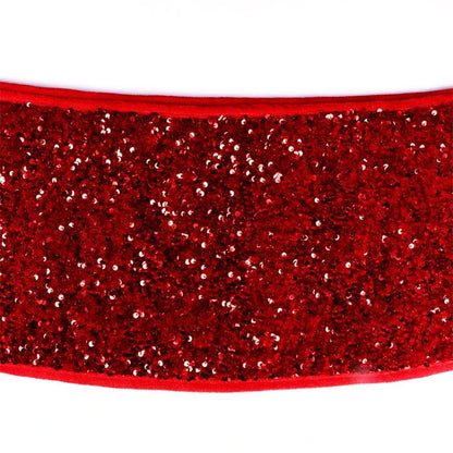 Premium red sequin Christmas tree skirt with vibrant color and shimmering design, perfect for festive holiday decor