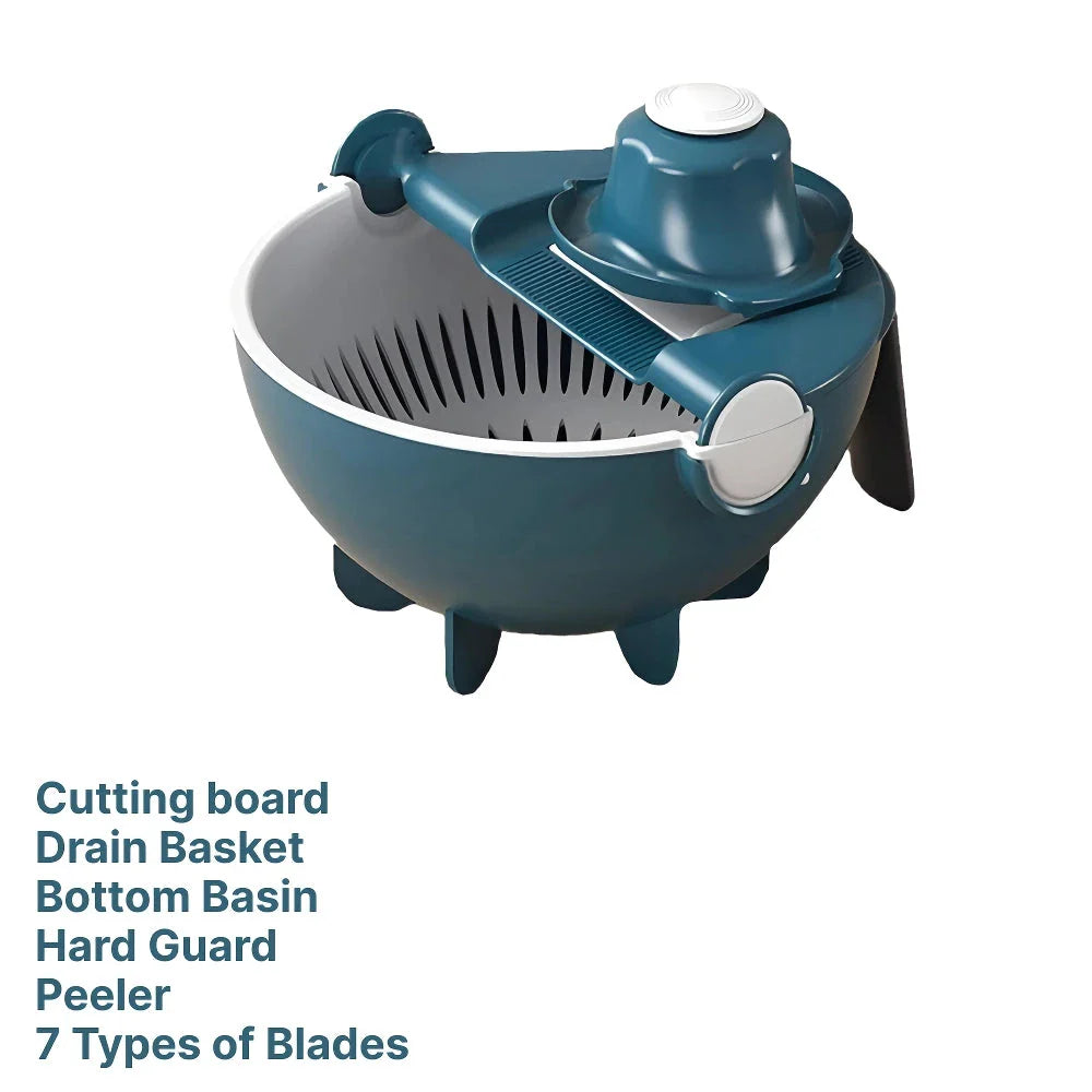 Multifunctional 2-in-1 Vegetable Slicer and Fruit Strainer with slicing disc, grater, and spiralizing accessories