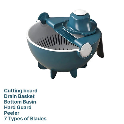 Multifunctional 2-in-1 Vegetable Slicer and Fruit Strainer with slicing disc, grater, and spiralizing accessories