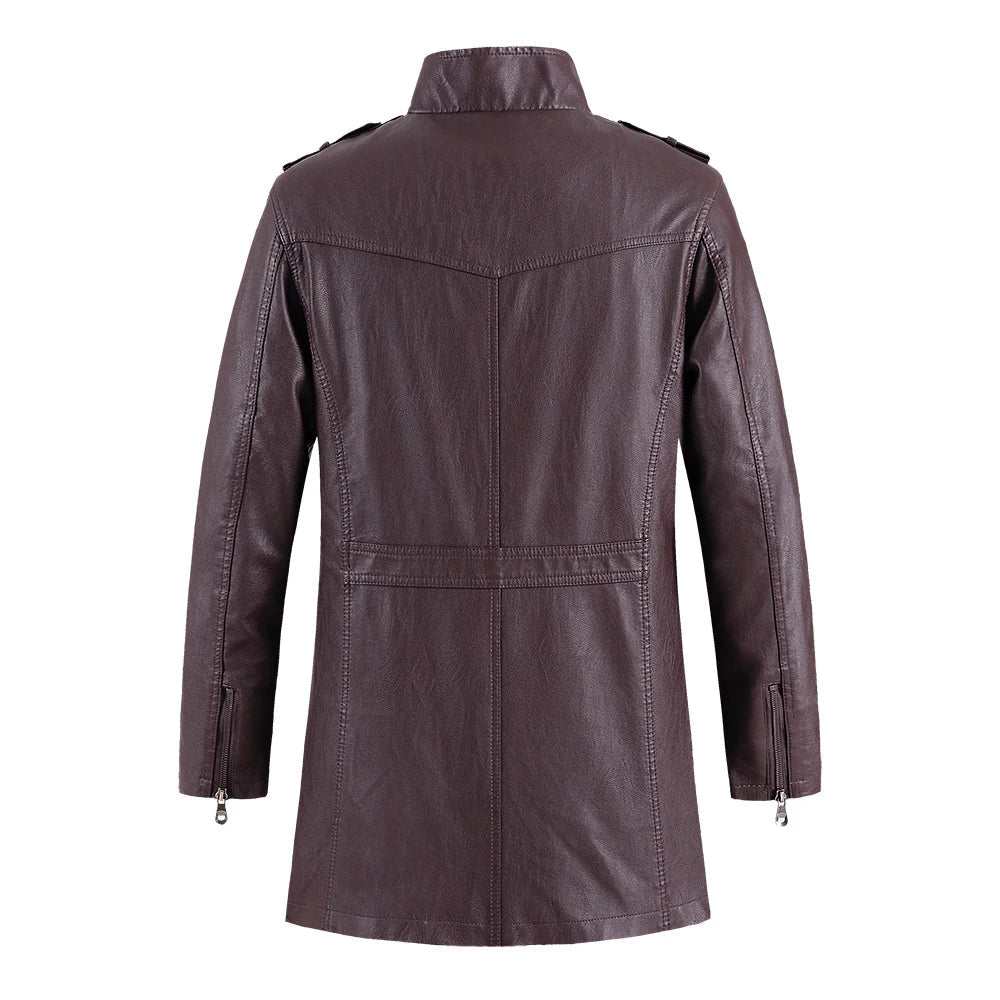Fashionable standing collar plush leather jacket for men in black, brown, and light brown colors