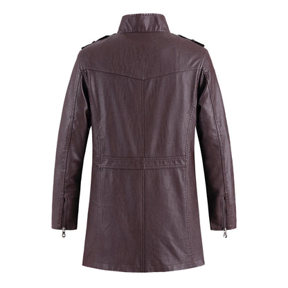 Fashionable standing collar plush leather jacket for men in black, brown, and light brown colors