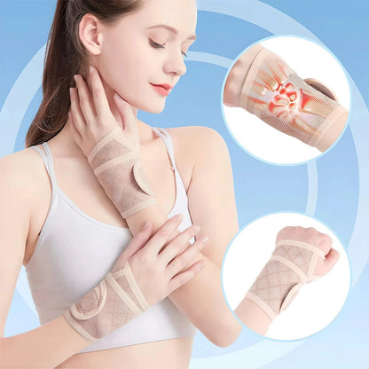 Premium sports wrist brace made of breathable spandex material with adjustable compression for customized support and pain relief during physical activities.