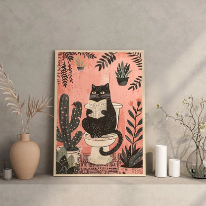 Charming black cat reading on a toilet, printed on a high-quality canvas poster for bathroom decor