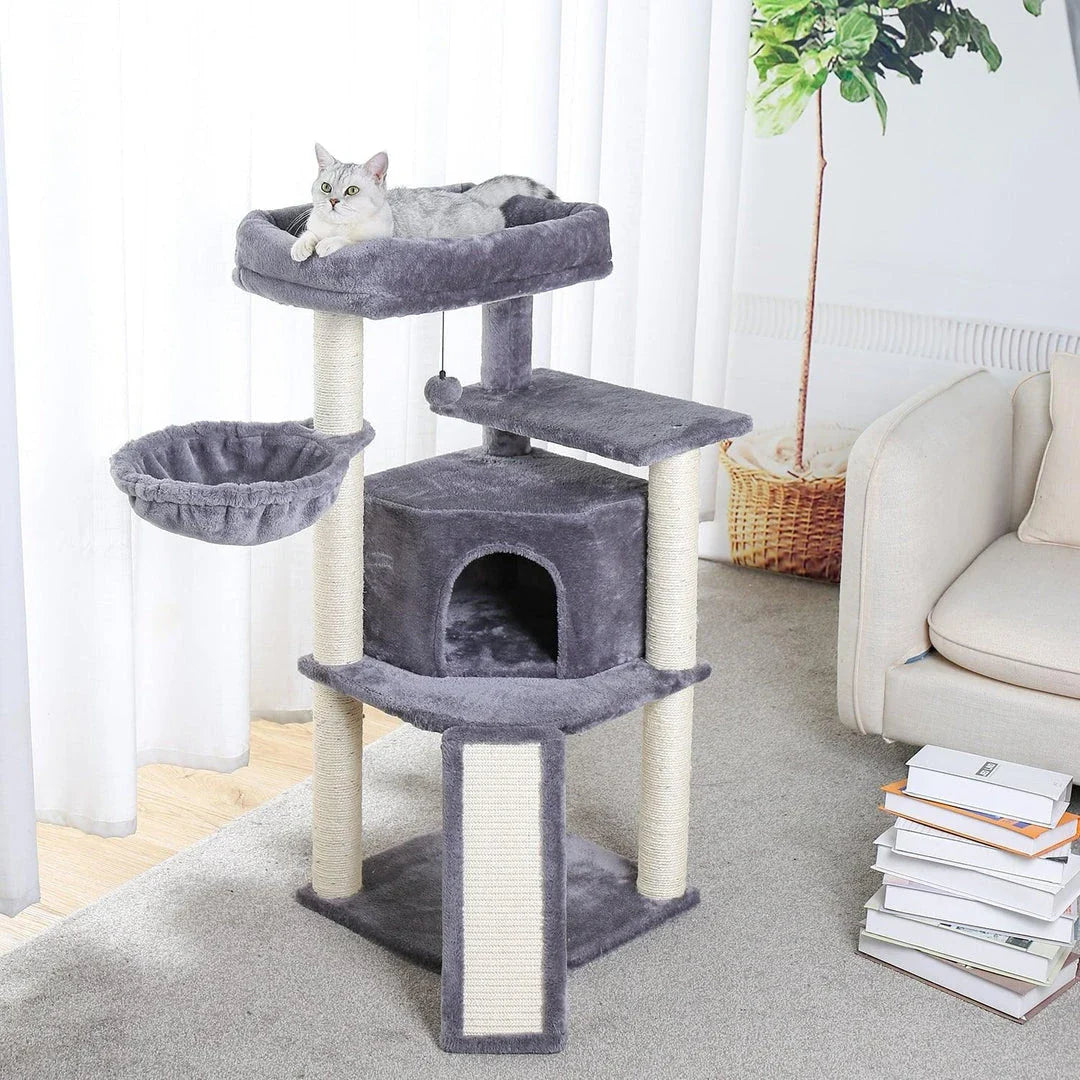 Cozy Cat Tree House with Ladder - A premium cat furniture piece featuring a spacious two-level design, sisal-covered scratching posts, and a convenient built-in ladder for your feline friend's comfort and enrichment.