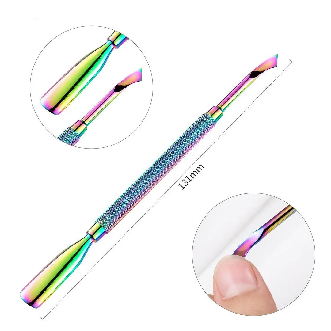 Premium stainless steel chameleon rainbow dual-ended cuticle pusher for salon-quality nail care at home