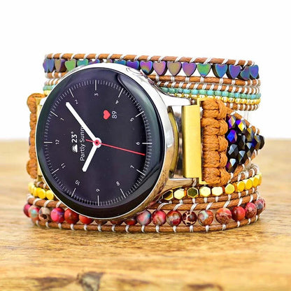 Stylish stone woven watch strap with natural beads and durable fabric design, compatible with various smartwatch sizes.